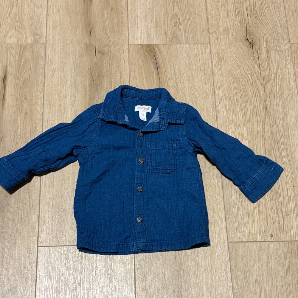 Cat & Jack Blue Cotton Gauze Button Up Shirt 12 M